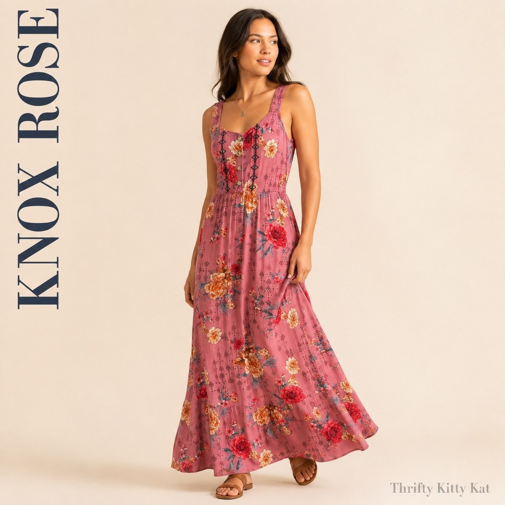 Knox Rose Floral Rayon Button Front Maxi Dress Sleeveless Dusty Pink Boho M